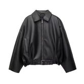 Vintage PU Leather Bomber Jackets 2025 Autumn New Ladies Zipper Lapel Long Sleeve Pocket Coat with Belt Women'S Loose Streetwear