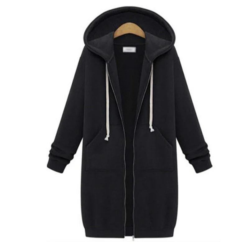2025 Autumn High Quality Women Long Hoodies Sweatshirt Coat Zip up Outerwears Hooded Jacket Pockets Large Size Outwear Tops