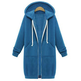 2025 Autumn High Quality Women Long Hoodies Sweatshirt Coat Zip up Outerwears Hooded Jacket Pockets Large Size Outwear Tops