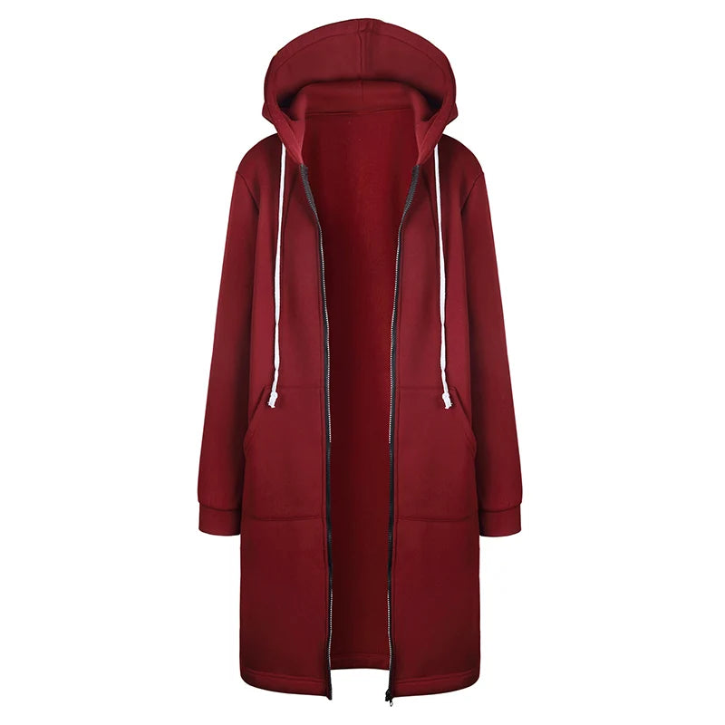 2025 Autumn High Quality Women Long Hoodies Sweatshirt Coat Zip up Outerwears Hooded Jacket Pockets Large Size Outwear Tops