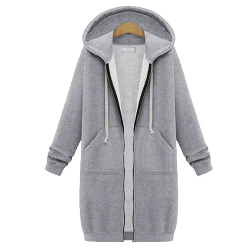 2025 Autumn High Quality Women Long Hoodies Sweatshirt Coat Zip up Outerwears Hooded Jacket Pockets Large Size Outwear Tops