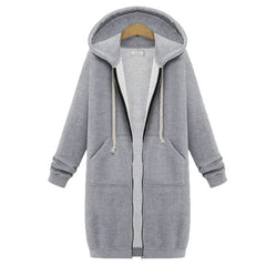 2025 Autumn High Quality Women Long Hoodies Sweatshirt Coat Zip up Outerwears Hooded Jacket Pockets Large Size Outwear Tops