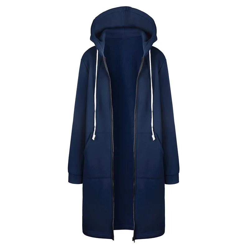 2025 Autumn High Quality Women Long Hoodies Sweatshirt Coat Zip up Outerwears Hooded Jacket Pockets Large Size Outwear Tops