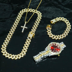 4-Peice Iced Out Watch & Cuban Chain, Bracelet And Cross Bundle Set