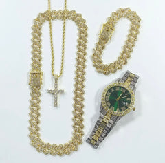 4-Peice Iced Out Watch & Cuban Chain, Bracelet And Cross Bundle Set