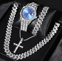 4-Peice Iced Out Watch & Cuban Chain, Bracelet And Cross Bundle Set