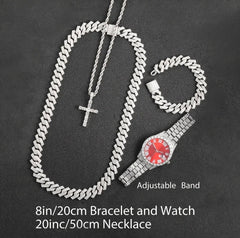 4-Peice Iced Out Watch & Cuban Chain, Bracelet And Cross Bundle Set