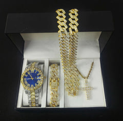4-Peice Iced Out Watch & Cuban Chain, Bracelet And Cross Bundle Set