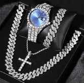 4-Peice Iced Out Watch & Cuban Chain, Bracelet And Cross Bundle Set