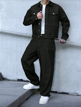 Mens Dark Blue Denim 2 peice set, casual jacket and lose fit pants