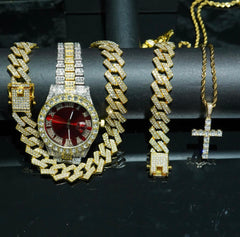 4-Peice Iced Out Watch & Cuban Chain, Bracelet And Cross Bundle Set