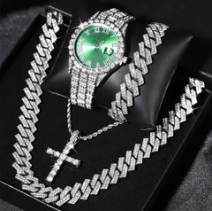 4-Peice Iced Out Watch & Cuban Chain, Bracelet And Cross Bundle Set