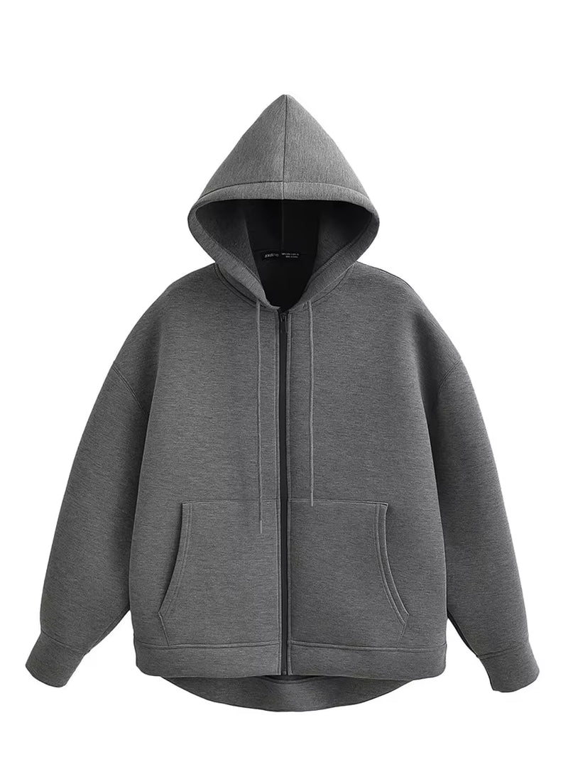 2025 Casual Women'S Soild Zipper Hoodie Long Sleeve Big Pocket Zipper Jacket with Hood Female Loose Outerwear Coat Tops
