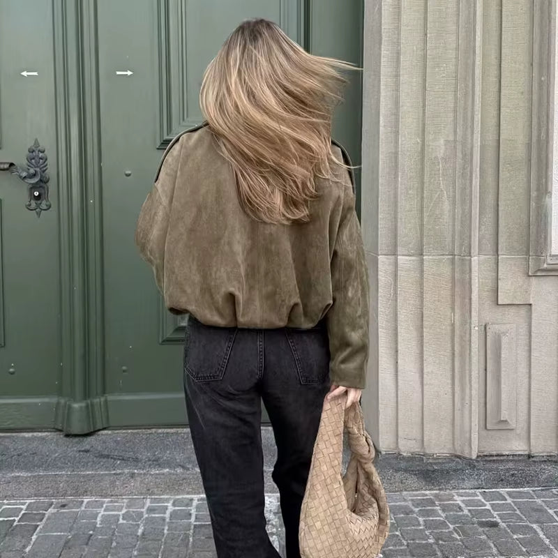 Women'S Bomber Jackets Coats Fashion Turn-Down Collar Long Sleeve Loose Coats Vintage Female Outerwear Chic Tops