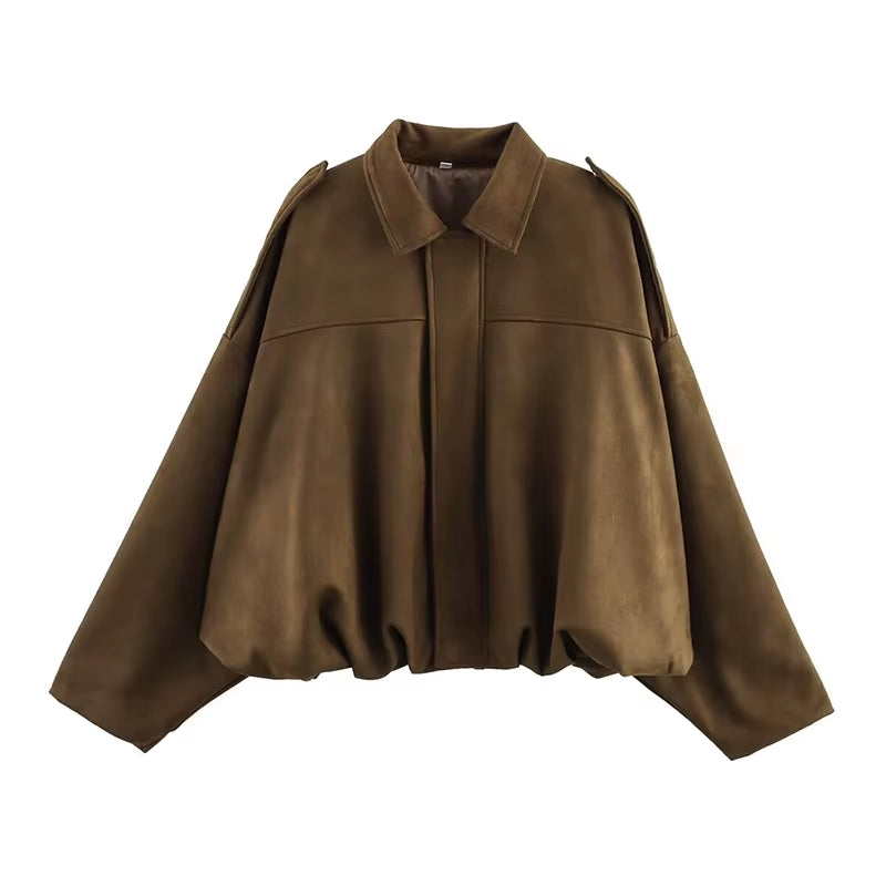 Women'S Bomber Jackets Coats Fashion Turn-Down Collar Long Sleeve Loose Coats Vintage Female Outerwear Chic Tops
