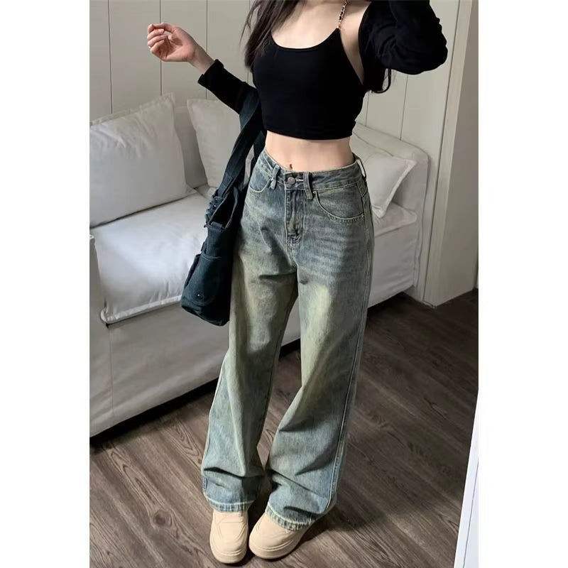 Vintage High-Waisted Slimming Jeans American Style Casual Bell Bottoms Versatile Straight-Leg Long Pants for Women
