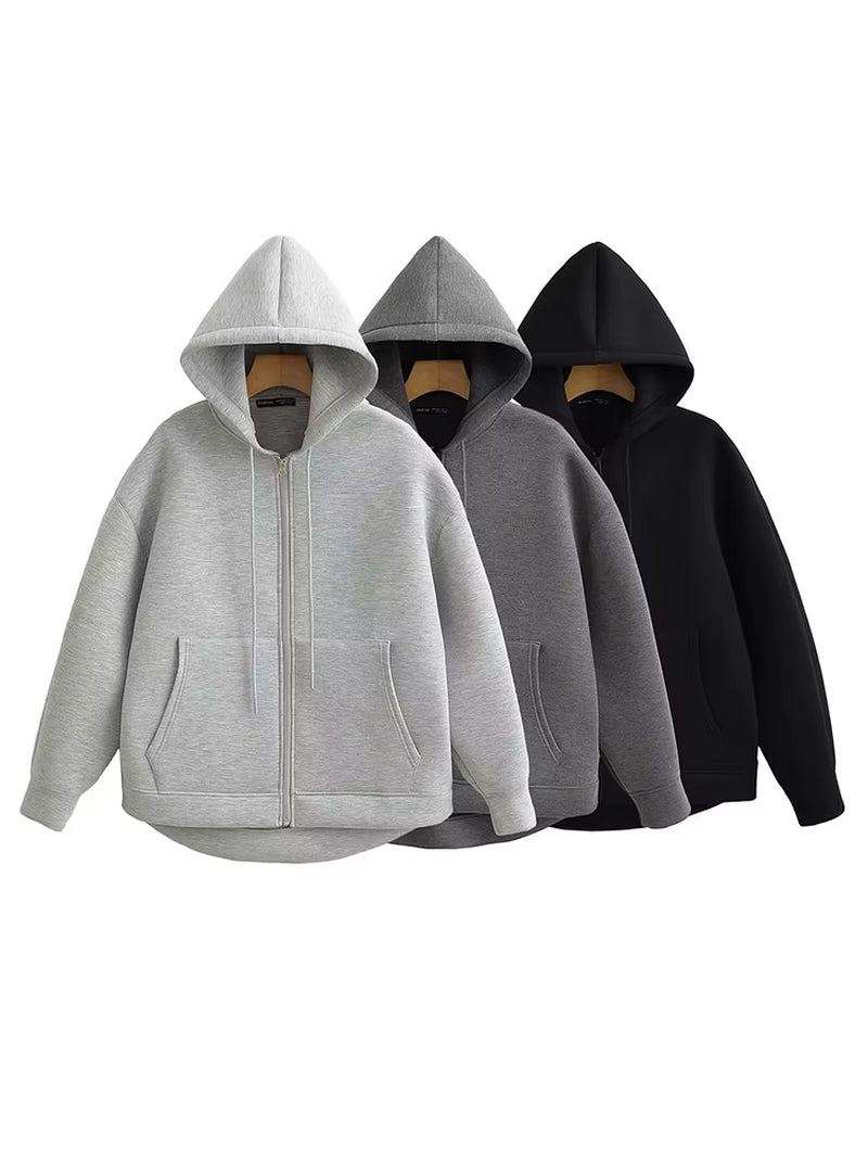 2025 Casual Women'S Soild Zipper Hoodie Long Sleeve Big Pocket Zipper Jacket with Hood Female Loose Outerwear Coat Tops