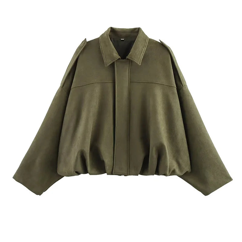 Women'S Bomber Jackets Coats Fashion Turn-Down Collar Long Sleeve Loose Coats Vintage Female Outerwear Chic Tops