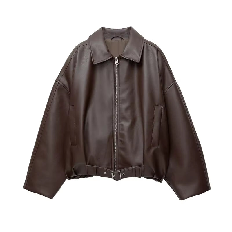 Vintage PU Leather Bomber Jackets 2025 Autumn New Ladies Zipper Lapel Long Sleeve Pocket Coat with Belt Women'S Loose Streetwear