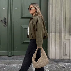 Women'S Bomber Jackets Coats Fashion Turn-Down Collar Long Sleeve Loose Coats Vintage Female Outerwear Chic Tops