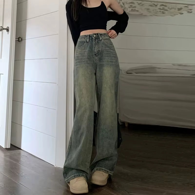 Vintage High-Waisted Slimming Jeans American Style Casual Bell Bottoms Versatile Straight-Leg Long Pants for Women