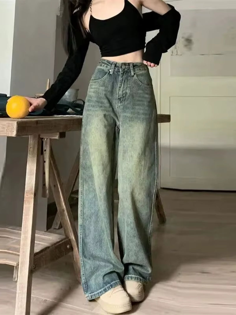Vintage High-Waisted Slimming Jeans American Style Casual Bell Bottoms Versatile Straight-Leg Long Pants for Women