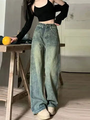 Vintage High-Waisted Slimming Jeans American Style Casual Bell Bottoms Versatile Straight-Leg Long Pants for Women