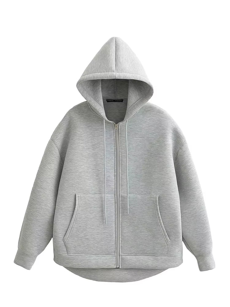 2025 Casual Women'S Soild Zipper Hoodie Long Sleeve Big Pocket Zipper Jacket with Hood Female Loose Outerwear Coat Tops