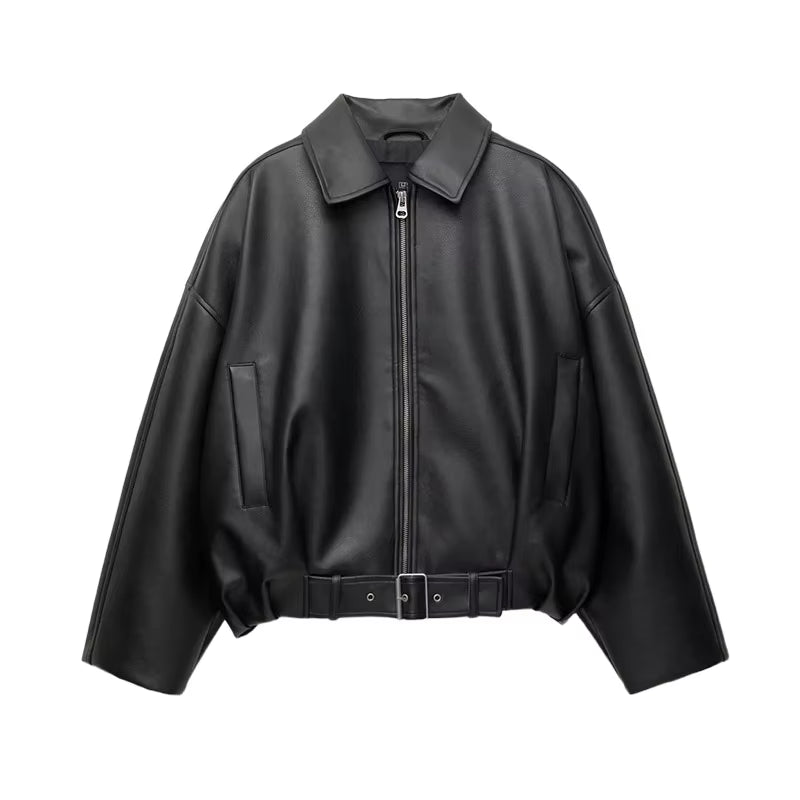 Vintage PU Leather Bomber Jackets 2025 Autumn New Ladies Zipper Lapel Long Sleeve Pocket Coat with Belt Women'S Loose Streetwear