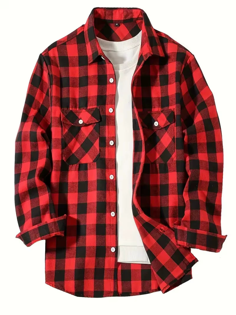 Spring and Autumn Fashion Cotton Long Sleeve Men'S Shirt New Brushed Red Plaid Business Leisure Fit Flannel No Iron