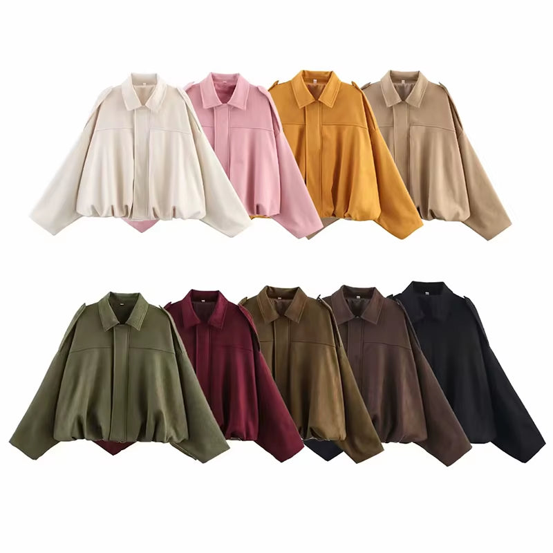 Women'S Bomber Jackets Coats Fashion Turn-Down Collar Long Sleeve Loose Coats Vintage Female Outerwear Chic Tops