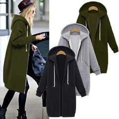 2025 Autumn High Quality Women Long Hoodies Sweatshirt Coat Zip up Outerwears Hooded Jacket Pockets Large Size Outwear Tops