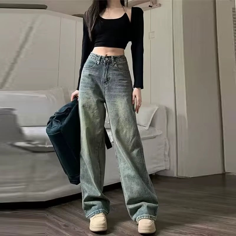 Vintage High-Waisted Slimming Jeans American Style Casual Bell Bottoms Versatile Straight-Leg Long Pants for Women