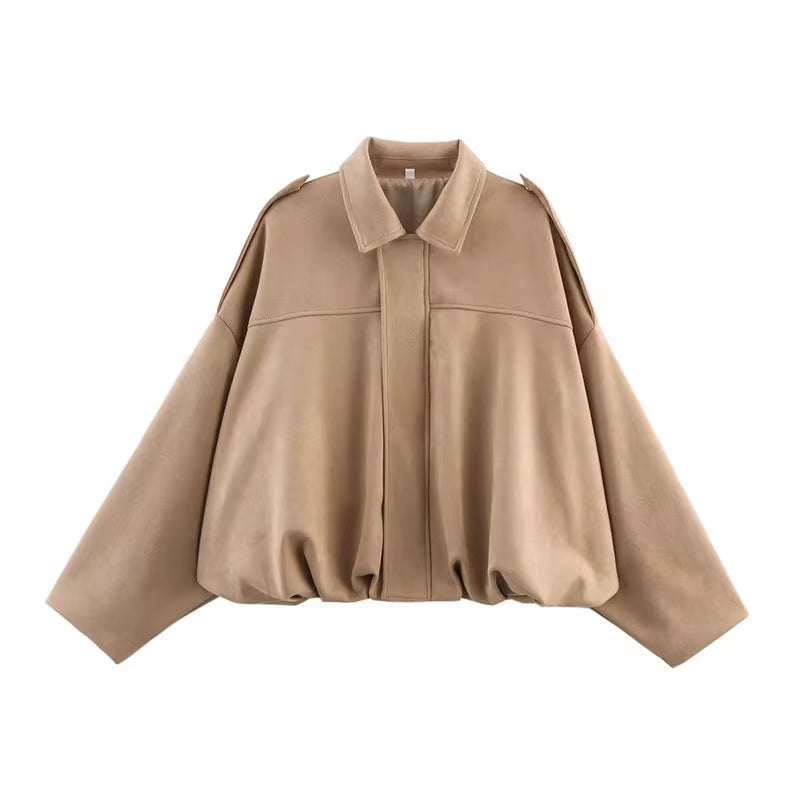 Women'S Bomber Jackets Coats Fashion Turn-Down Collar Long Sleeve Loose Coats Vintage Female Outerwear Chic Tops