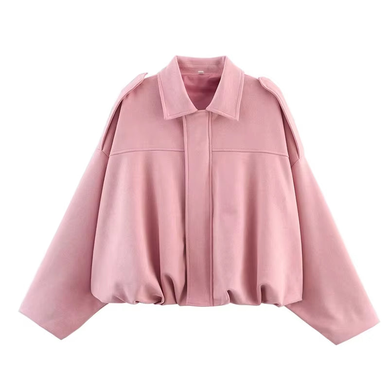 Women'S Bomber Jackets Coats Fashion Turn-Down Collar Long Sleeve Loose Coats Vintage Female Outerwear Chic Tops