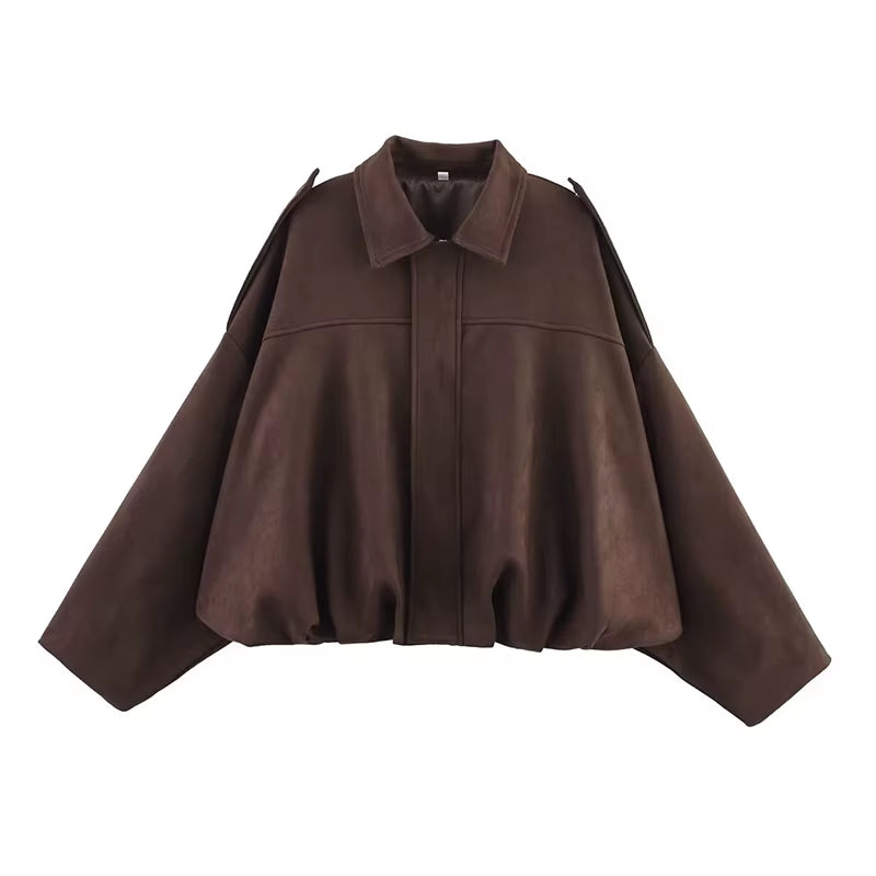 Women'S Bomber Jackets Coats Fashion Turn-Down Collar Long Sleeve Loose Coats Vintage Female Outerwear Chic Tops