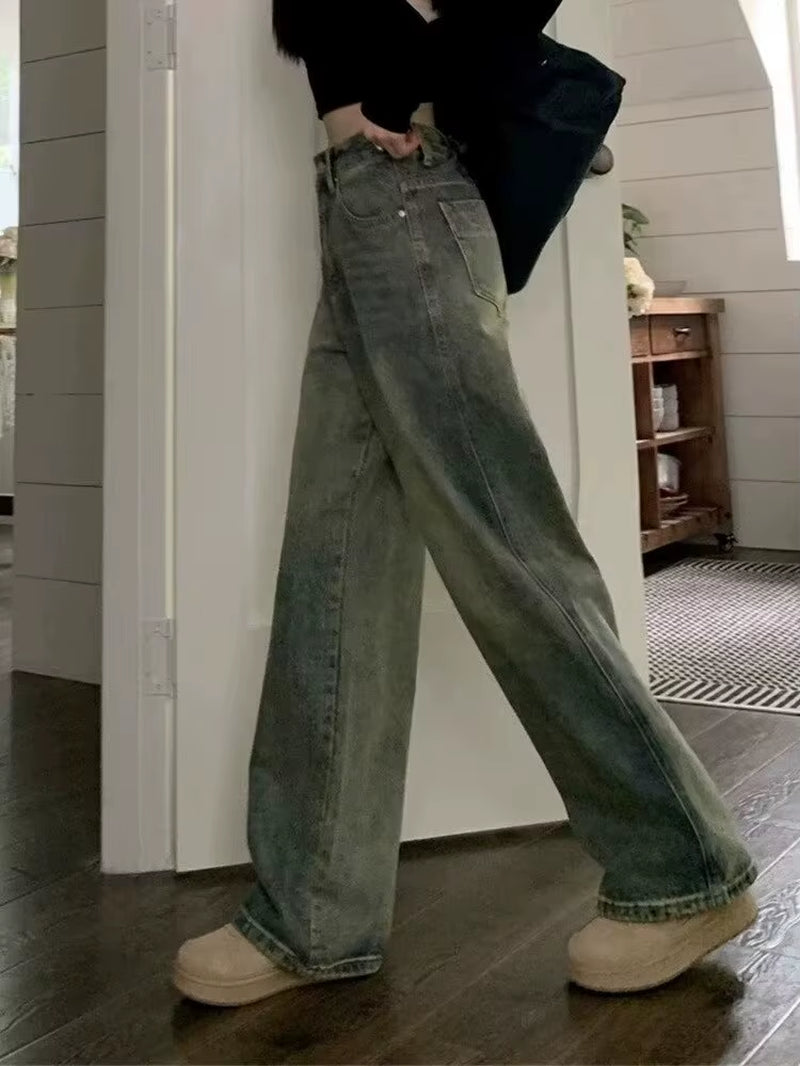 Vintage High-Waisted Slimming Jeans American Style Casual Bell Bottoms Versatile Straight-Leg Long Pants for Women
