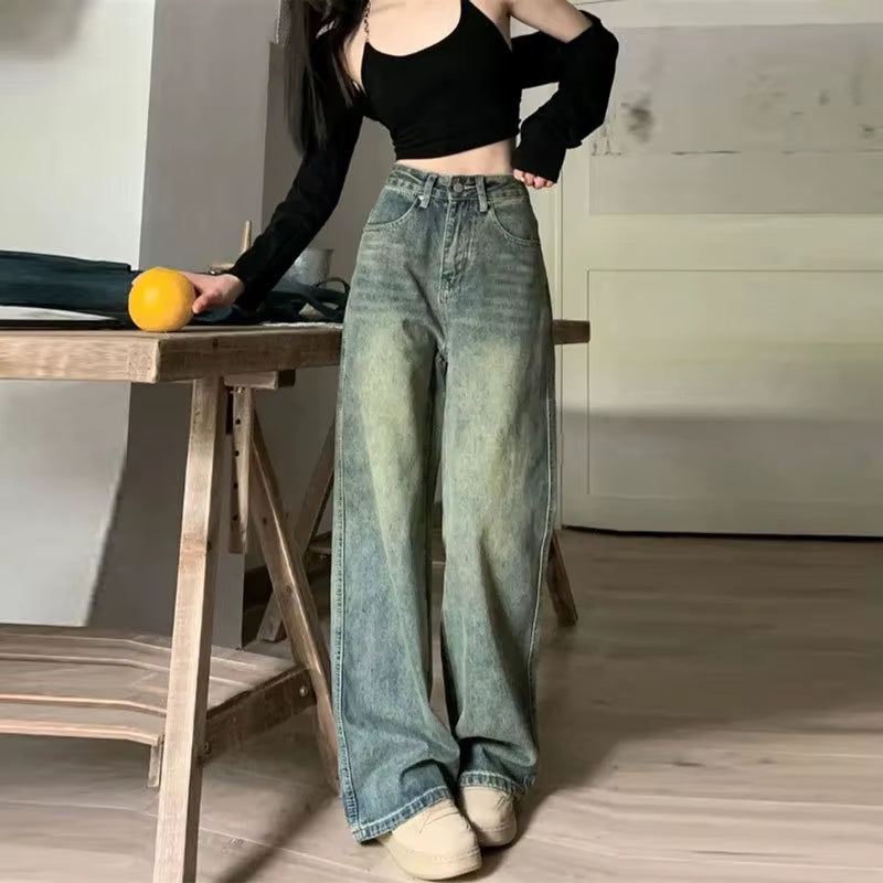 Vintage High-Waisted Slimming Jeans American Style Casual Bell Bottoms Versatile Straight-Leg Long Pants for Women
