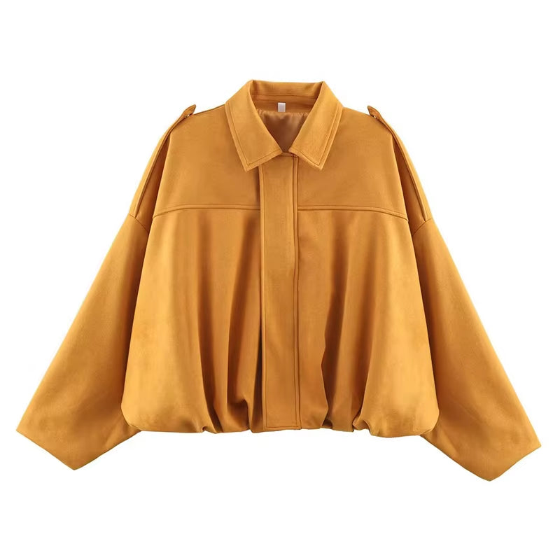 Women'S Bomber Jackets Coats Fashion Turn-Down Collar Long Sleeve Loose Coats Vintage Female Outerwear Chic Tops
