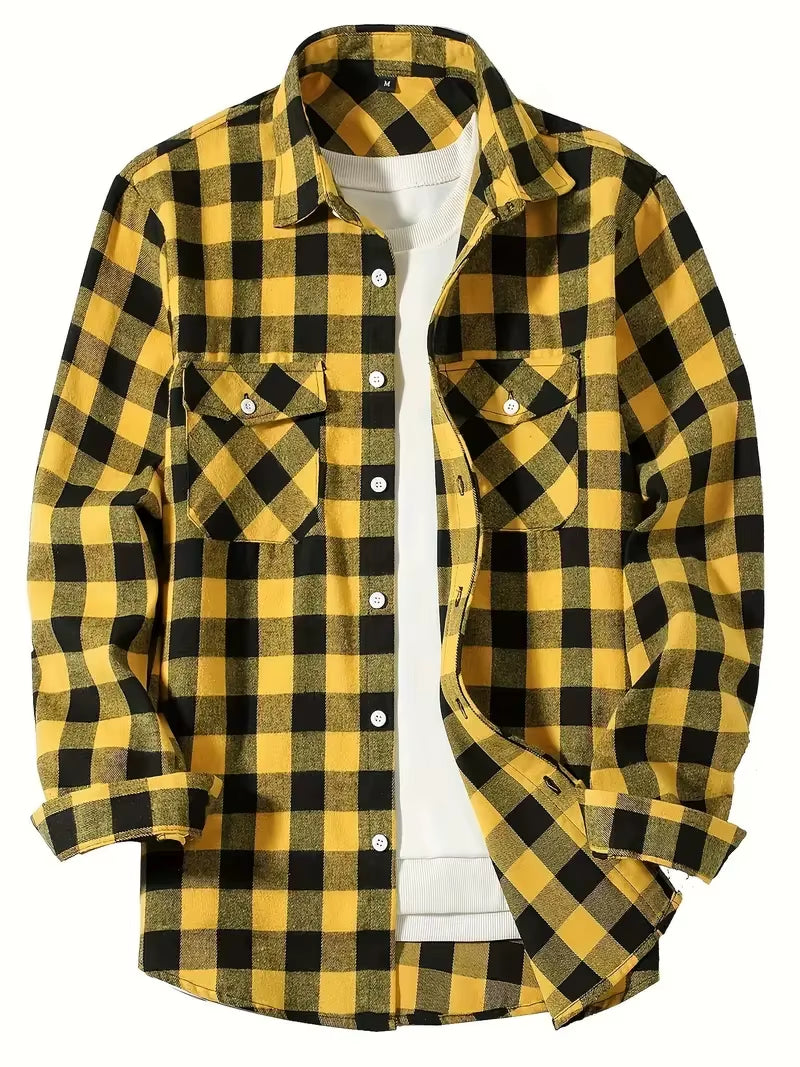 Spring and Autumn Fashion Cotton Long Sleeve Men'S Shirt New Brushed Red Plaid Business Leisure Fit Flannel No Iron