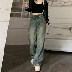Vintage High-Waisted Slimming Jeans American Style Casual Bell Bottoms Versatile Straight-Leg Long Pants for Women