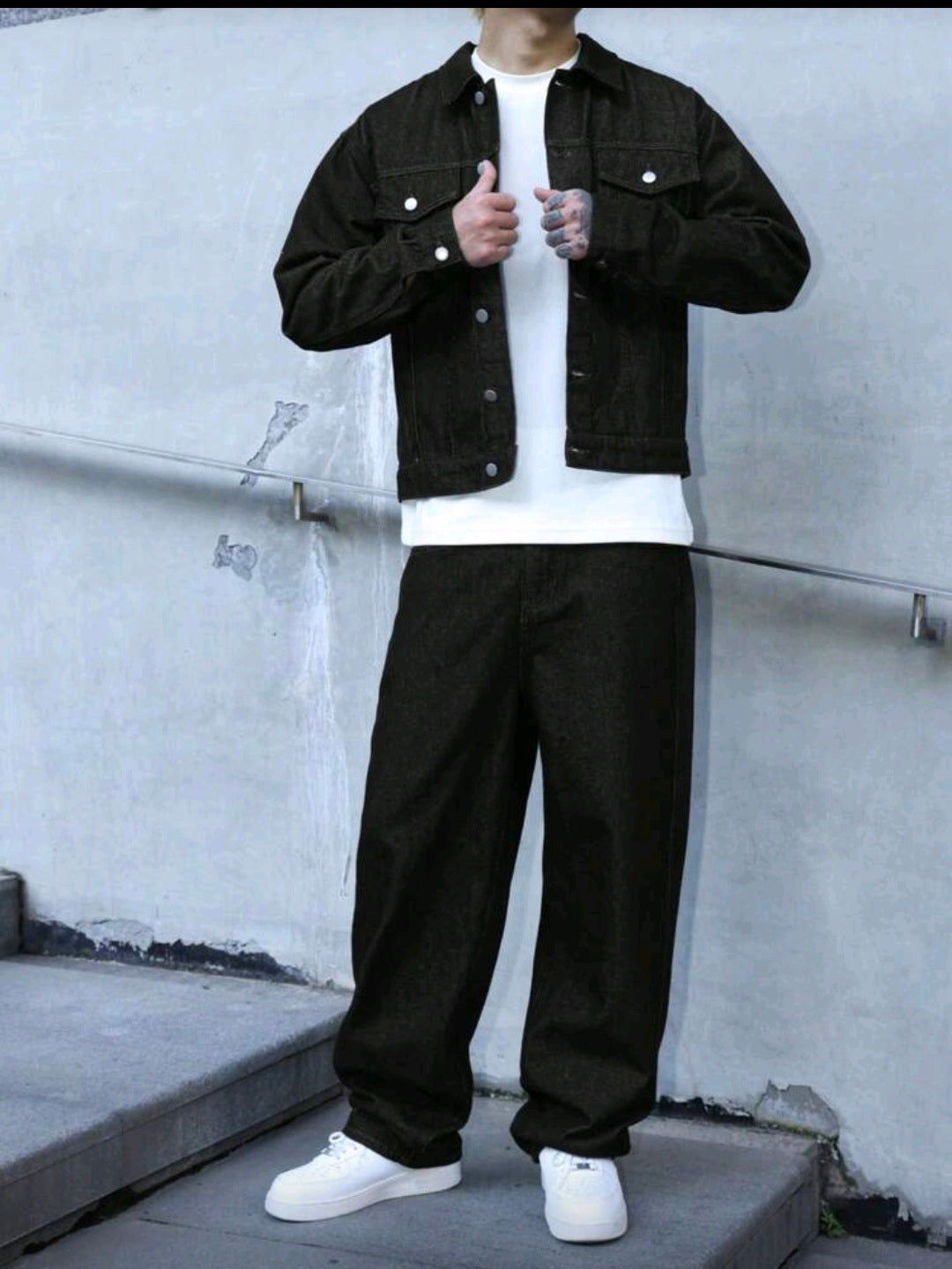 Mens Dark Blue Denim 2 peice set, casual jacket and lose fit pants