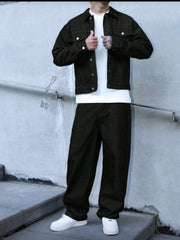 Mens Dark Blue Denim 2 peice set, casual jacket and lose fit pants