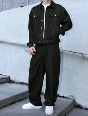 Mens Dark Blue Denim 2 peice set, casual jacket and lose fit pants