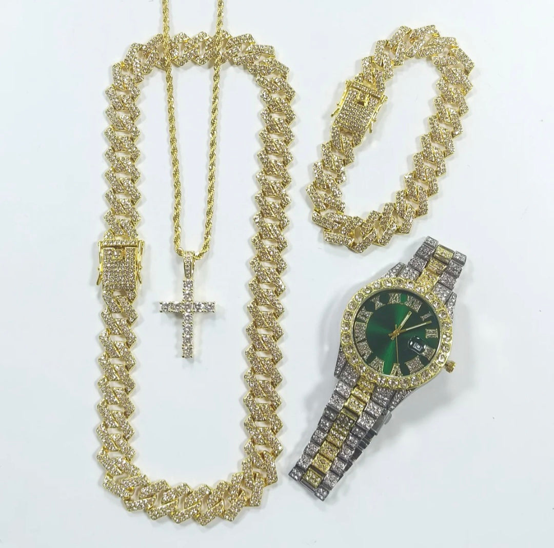 4-Peice Iced Out Watch & Cuban Chain, Bracelet And Cross Bundle Set