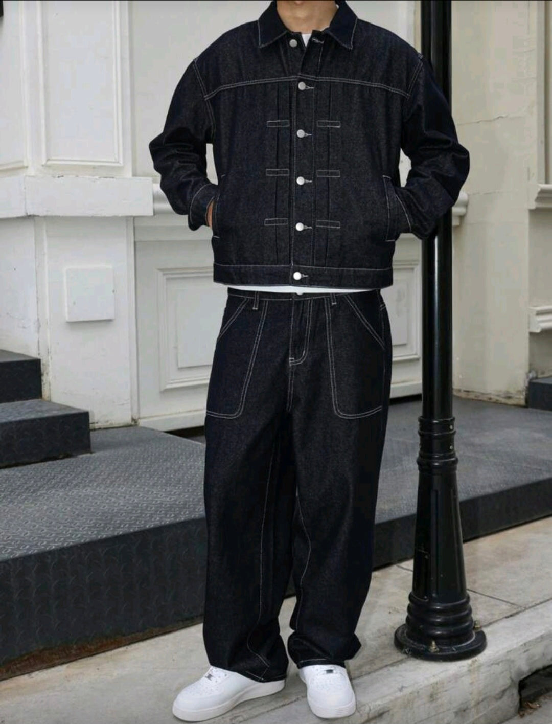 Mens Dark Blue Denim 2 peice set, casual jacket and lose fit pants