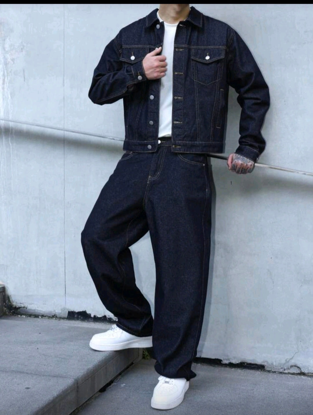 Mens Dark Blue Denim 2 peice set, casual jacket and lose fit pants