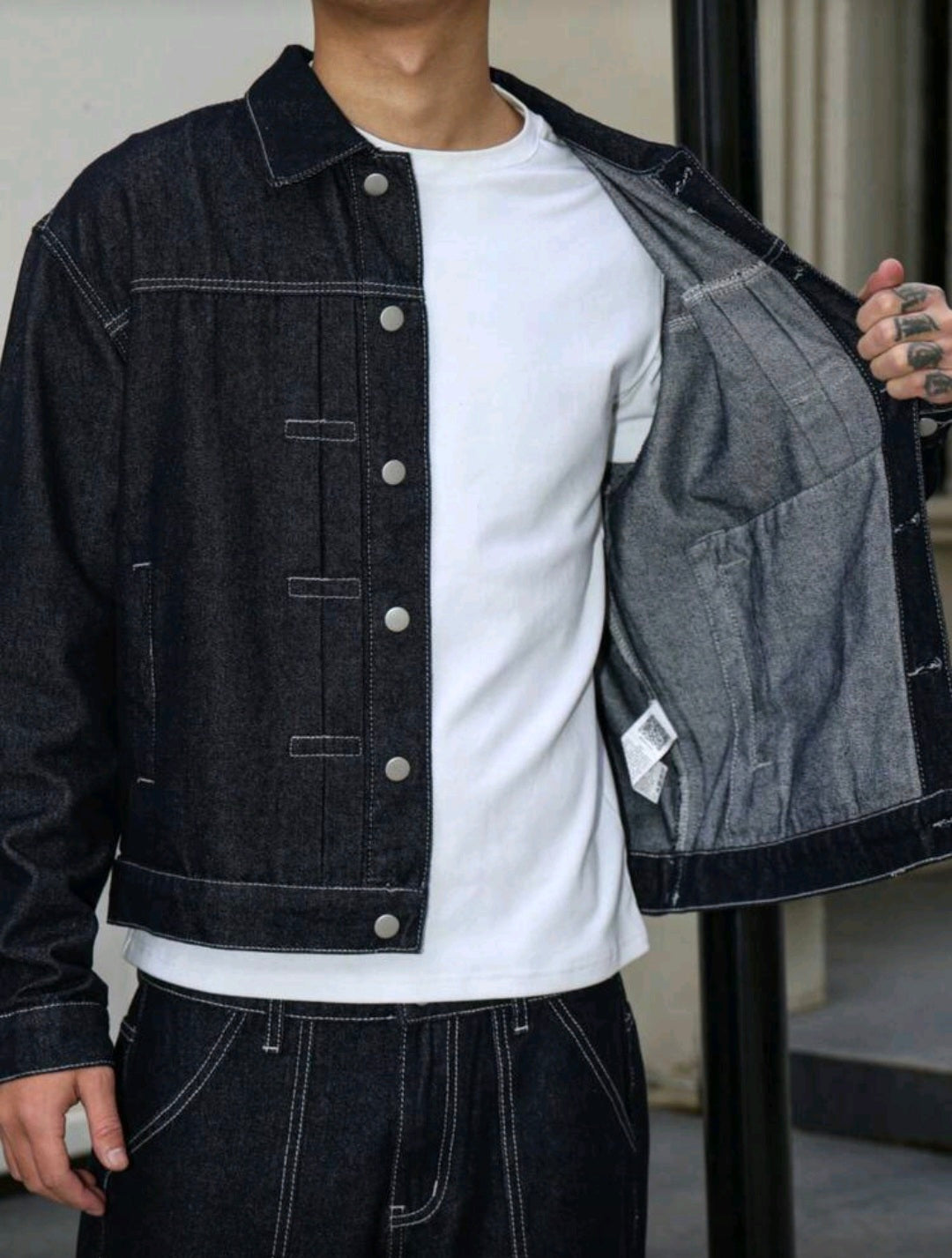 Mens Dark Blue Denim 2 peice set, casual jacket and lose fit pants