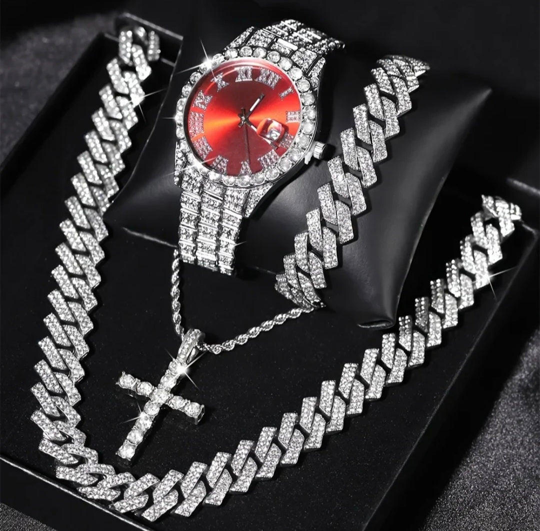 4-Peice Iced Out Watch & Cuban Chain, Bracelet And Cross Bundle Set