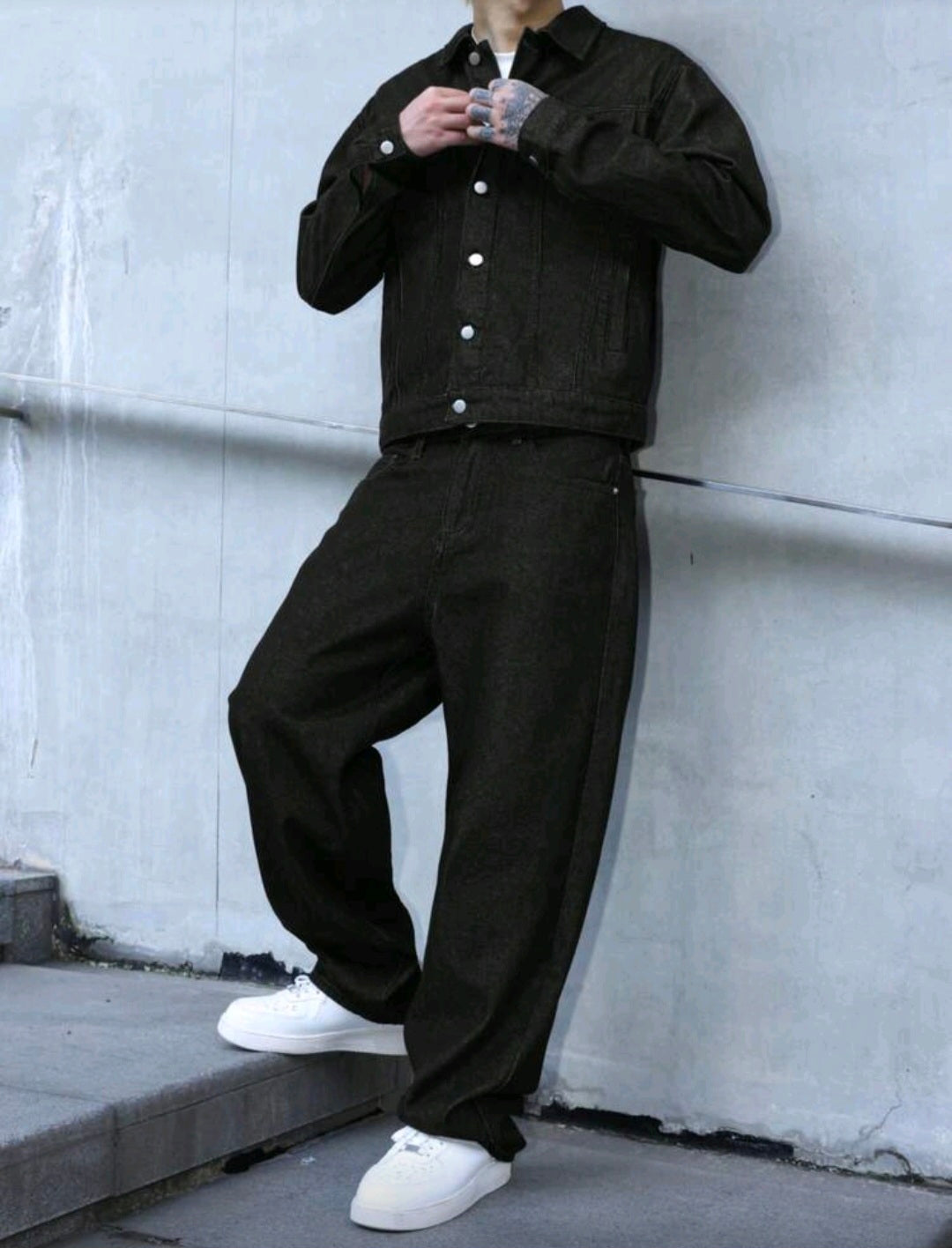 Mens Dark Blue Denim 2 peice set, casual jacket and lose fit pants